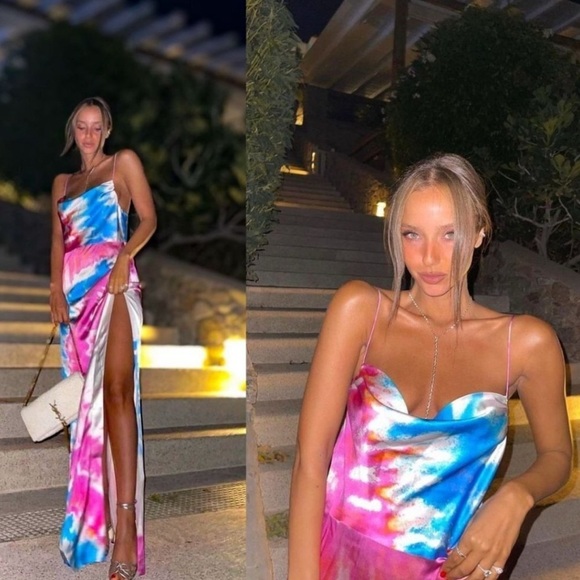 Retrofete Silk Marlene Cotton Candy Maxi Slip Dress Tie Dye Print High Slit M - Picture 16 of 16